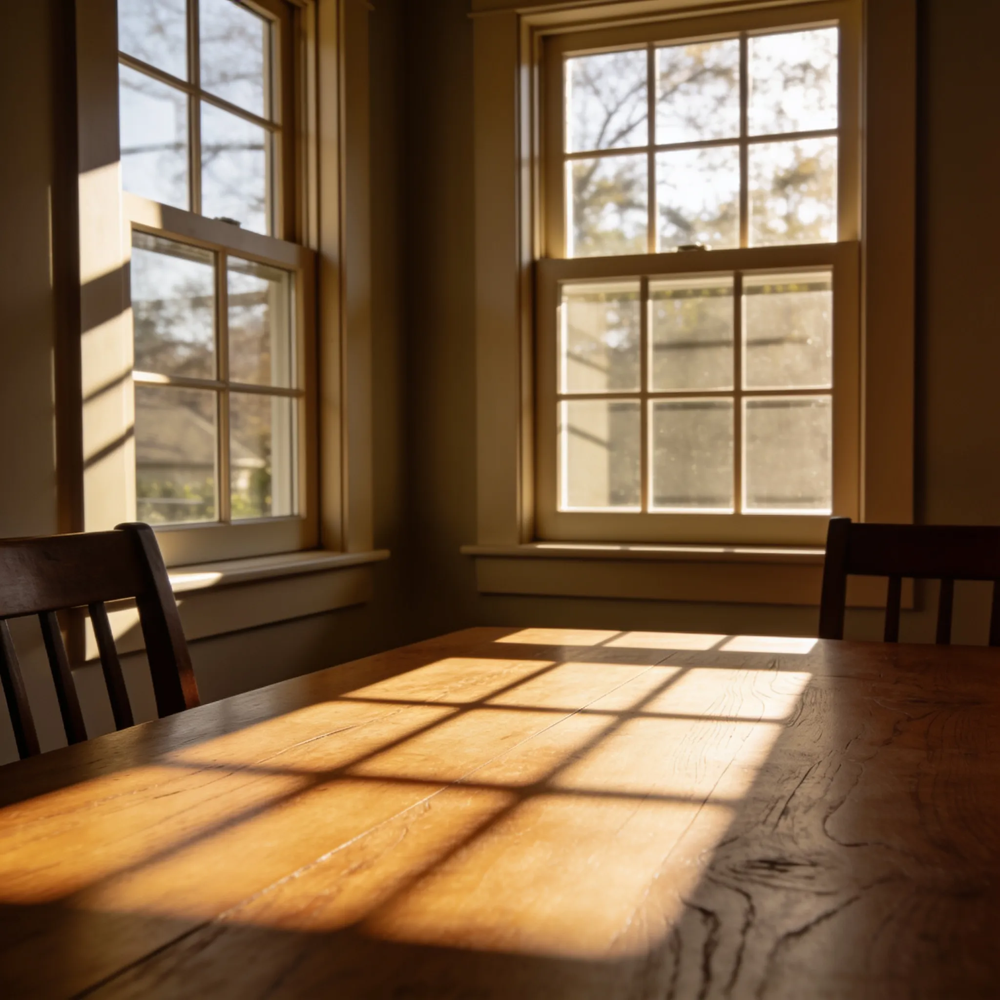 Paired double-hung windows in a Brentwood dining room — divided-light grilles casting clean shadows, installed by licensed local crews.